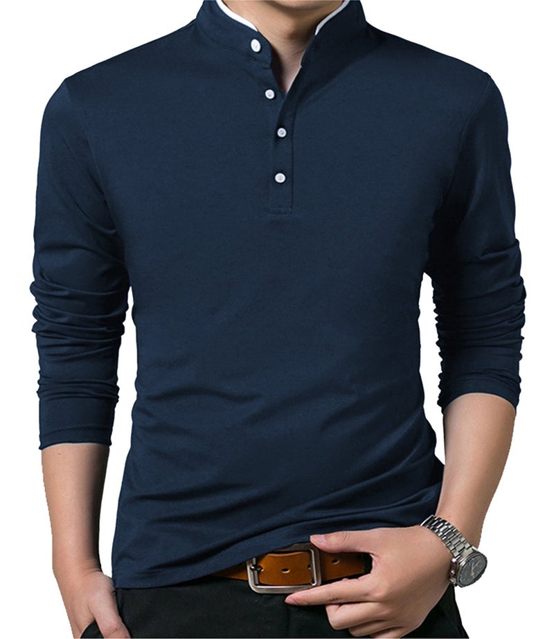 KUYIGO Men's Casual Slim Fit Shirts Long Sleeve Polo Mandarin Collared Lightweight T-Shirts Navy X-Large - Image 1